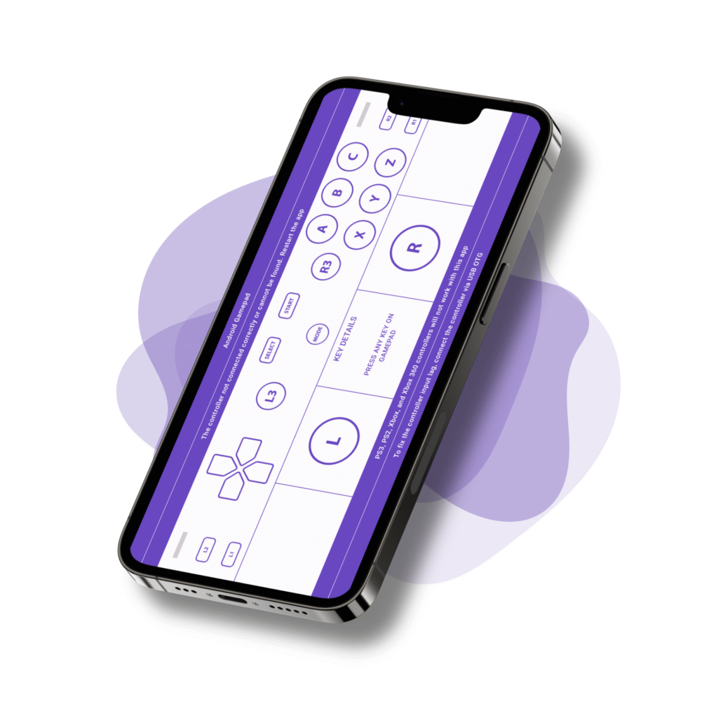 Android phone displaying Gamepad Tester app with real-time button feedback and joystick tracking
