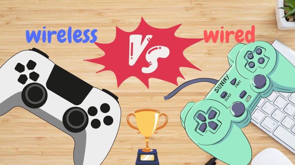 Comparison of wired and wireless gaming controllers on a desk