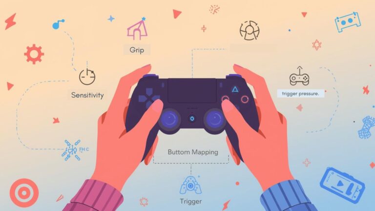 A colorful cartoon-style illustration of a gamer holding a generic controller with glowing analog sticks and triggers, surrounded by icons for sensitivity, mapping, grip, and trigger pressure on a soft gradient background.