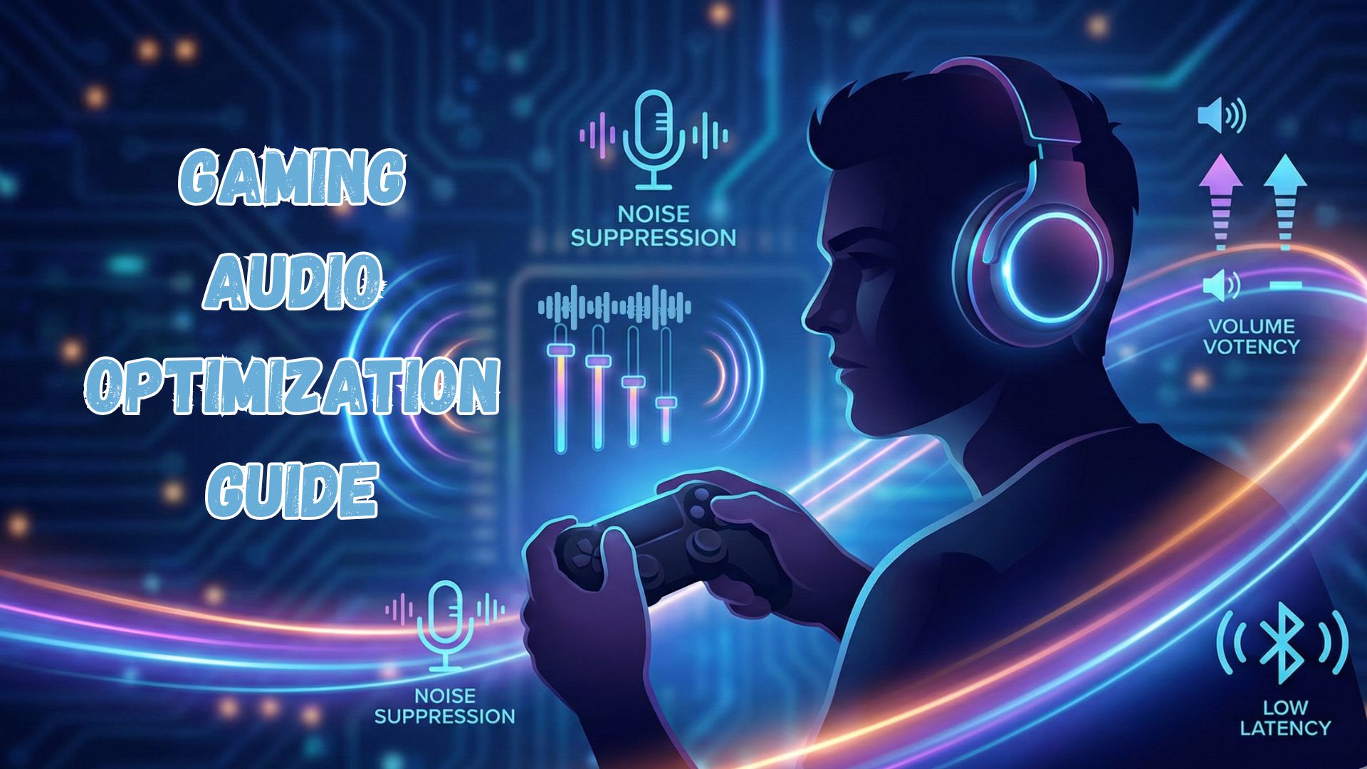 Semi-realistic illustration of a focused gamer wearing a headset and holding a controller, surrounded by icons representing surround sound, volume control, equalizer settings, microphone noise suppression, and low-latency Bluetooth audio.
