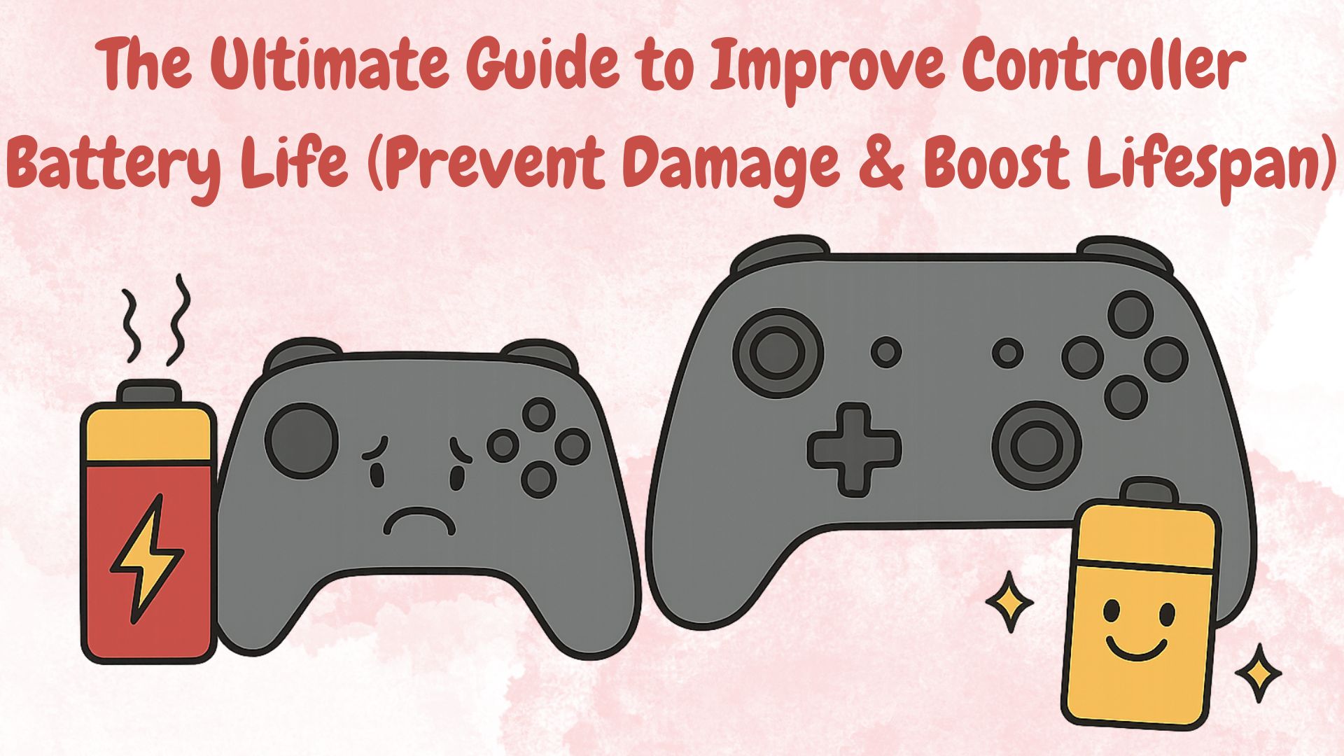 Cartoon illustration of two generic game controllers with batteries one sad with low battery and one happy with a fully charged battery, showing good and bad controller battery health