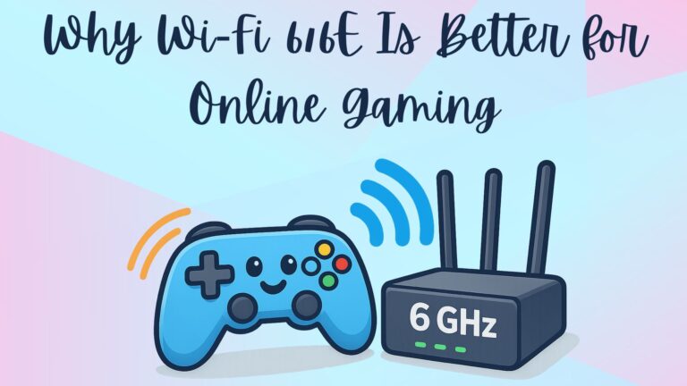 Cartoon-style illustration of a generic gaming controller connected to a Wi-Fi 6/6E router, with smooth signal waves around it representing low latency and fast connection.