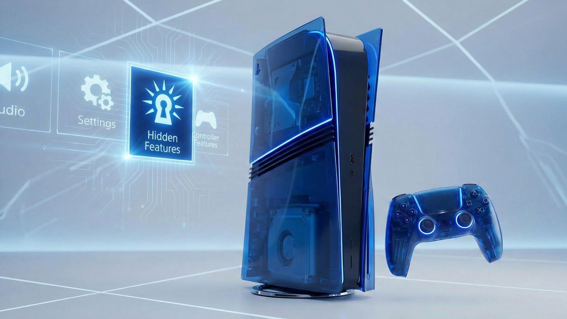 hidden ps5 features, playstation 5 console with dualsense controller, ps5 settings icons, gaming tips visualization