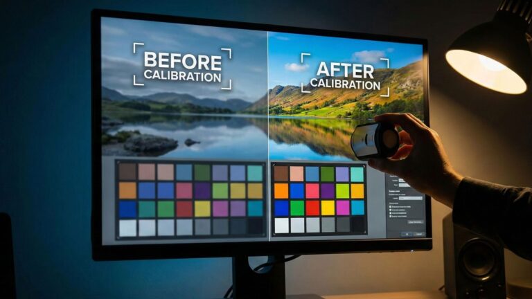 Monitor screen displaying color calibration test patterns for improved clarity.
