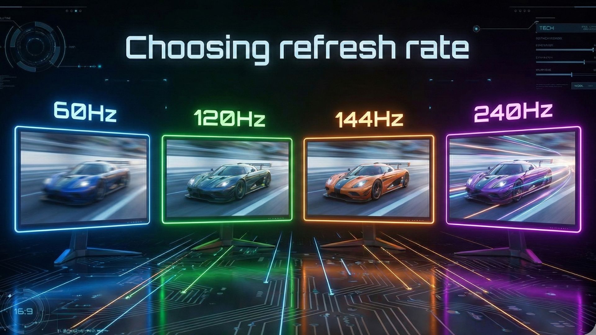Monitor comparison showing 60Hz vs 120Hz vs 144Hz vs 240Hz refresh rates