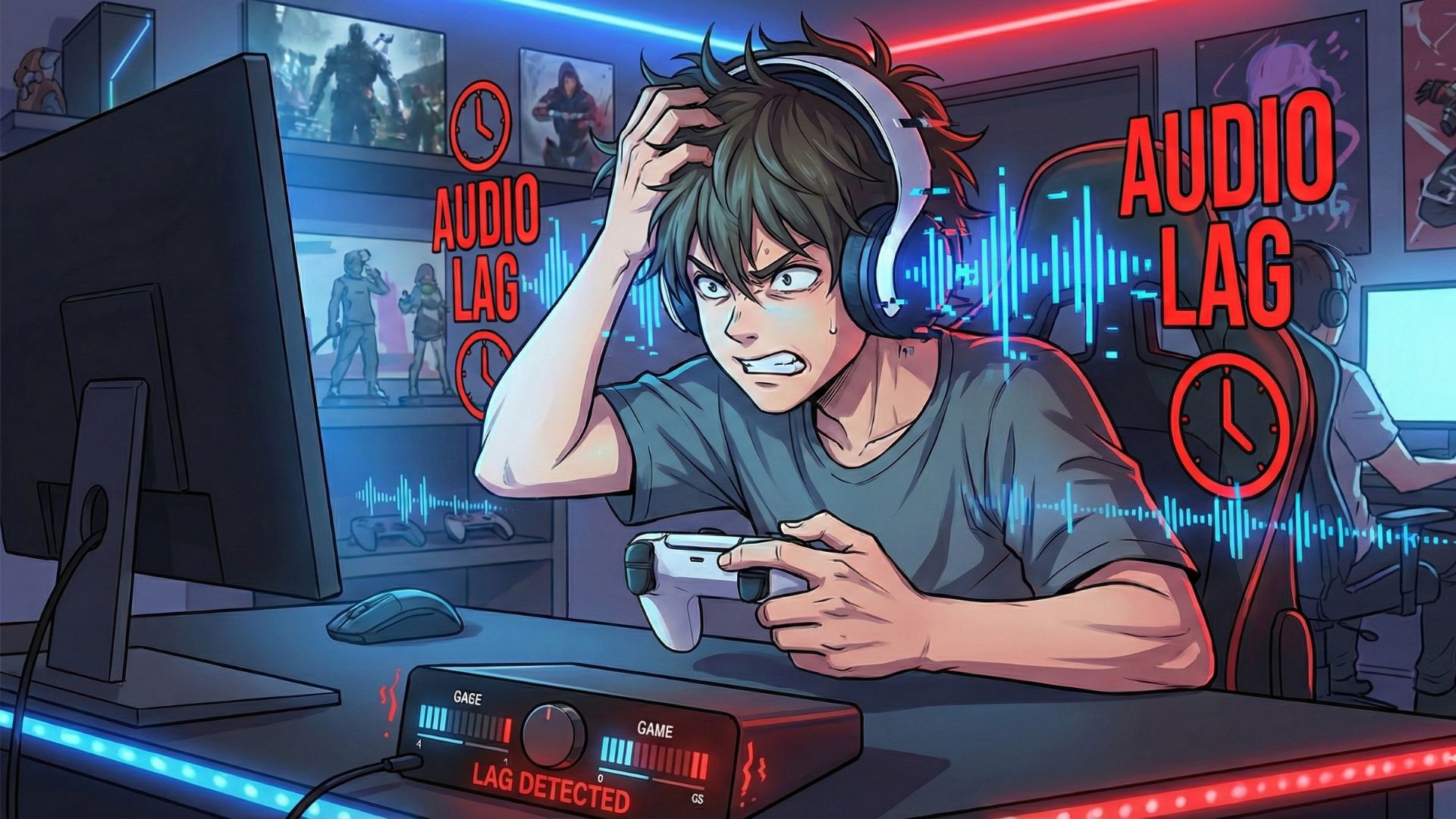 Illustration of a frustrated gamer wearing wireless headphones experiencing audio delay, with lag icons around the headset in a colorful gaming room.fix mic echo